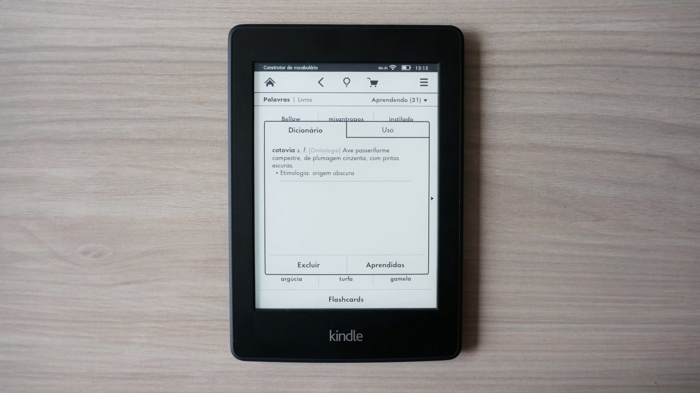 Construtor de vocabulário na tela do Kindle Paperwhite.