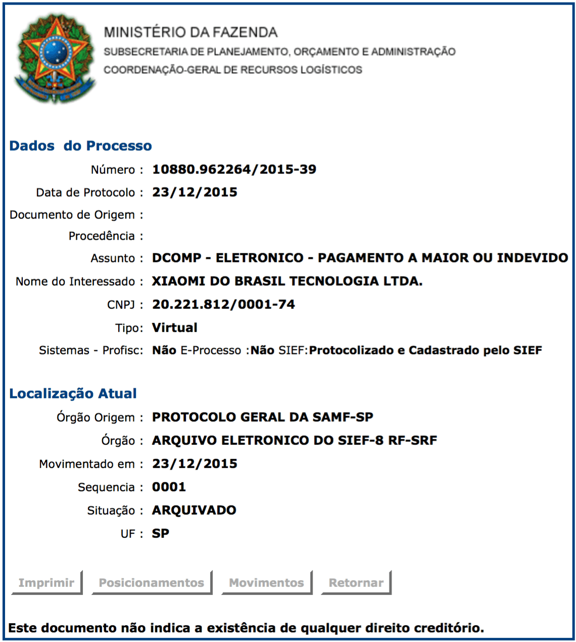Extrato de processo da Xiaomi na Receita Federal.
