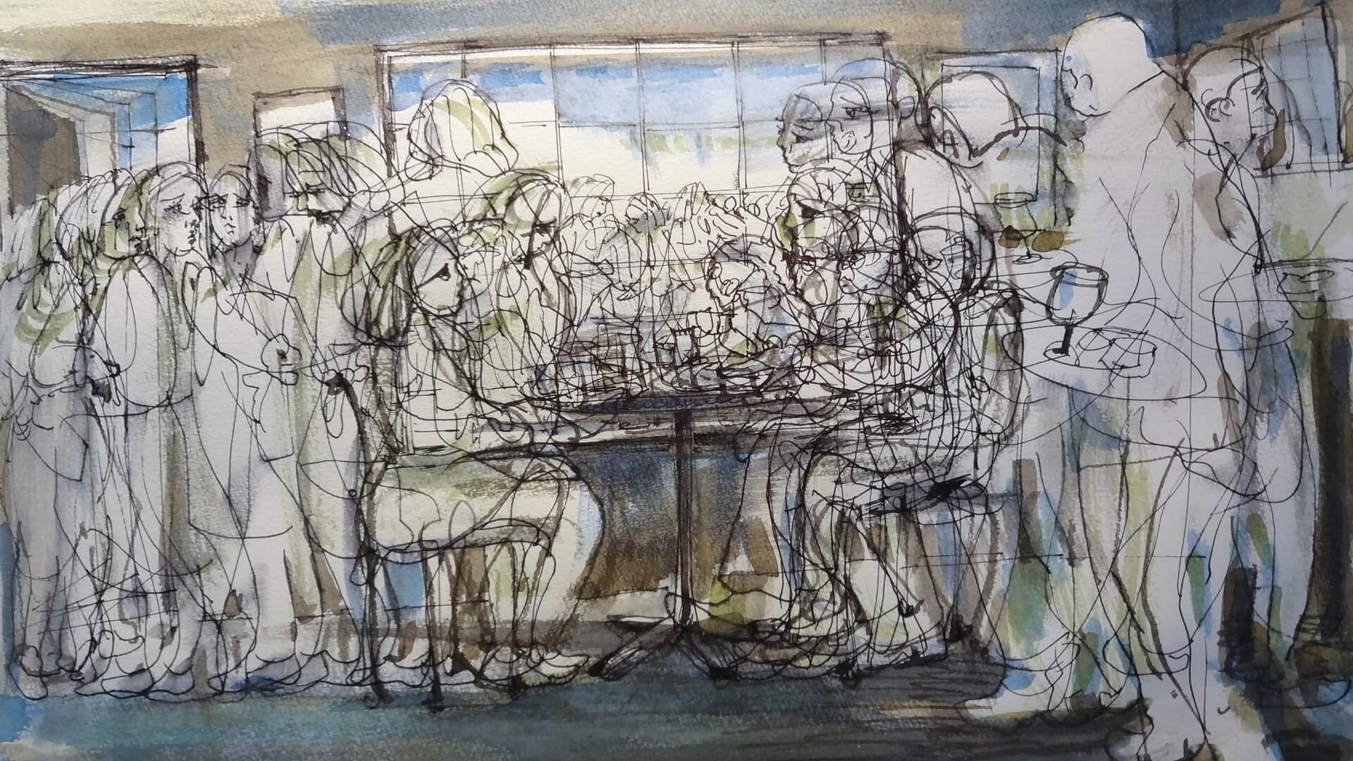 Pintura de pessoas discutindo em uma cafeteria.