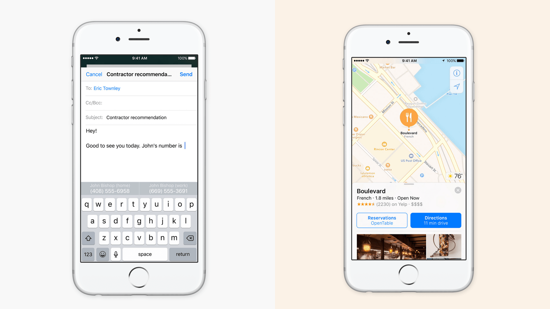 Exemplos de IA na interface do iOS 10.