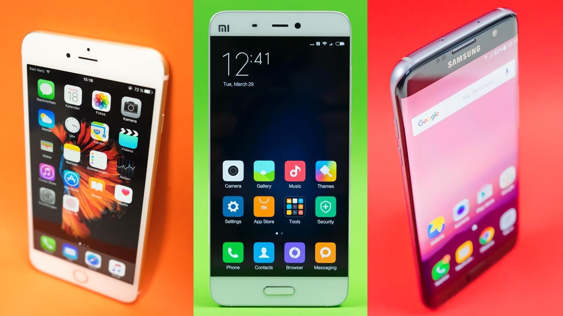 Montagem com fotos do iPhone 6 Plus, Mi5 e Galaxy S7 edge.