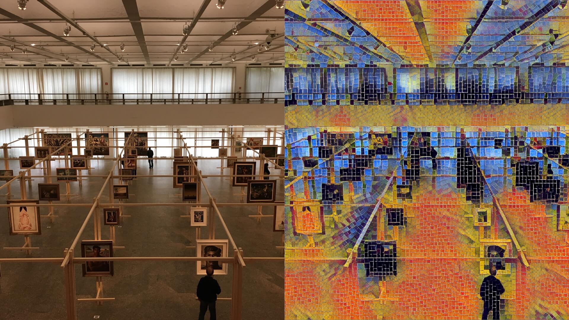 Foto de uma galeria de arte antes e depois de ser tratada com o Prisma.