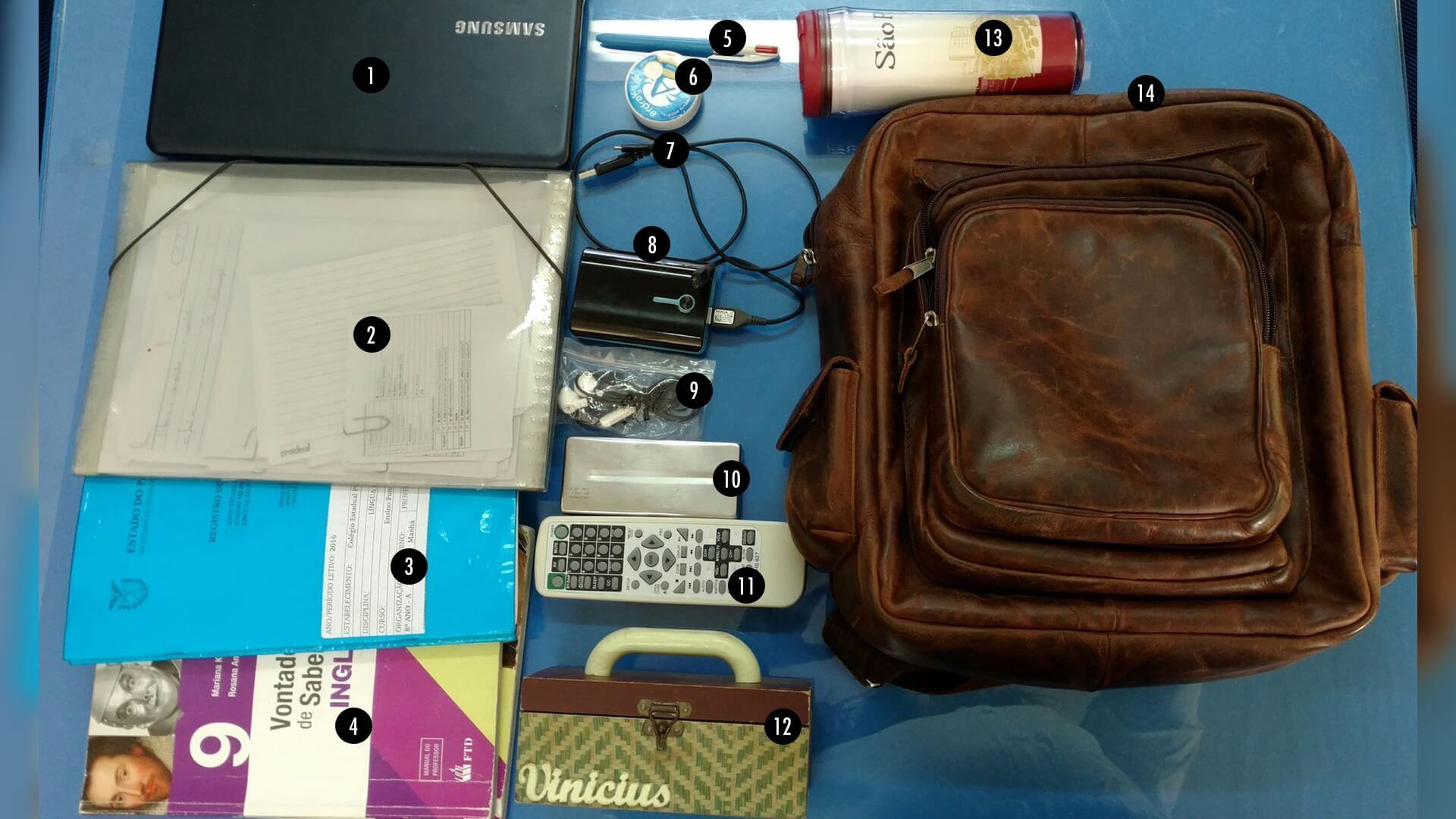 O que tem na mochila do Vinícius Fontanela.