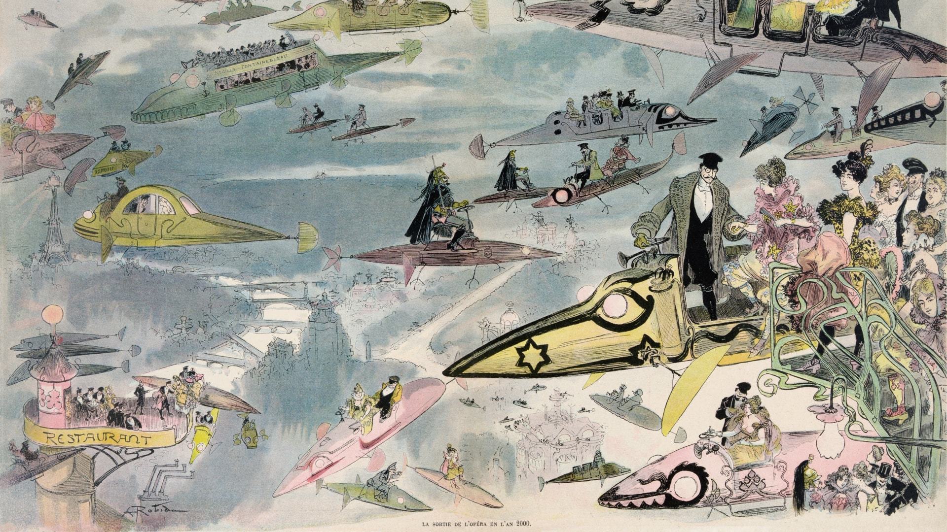 Going to the Opera in the Year 2000, pintura de Albert Robida.