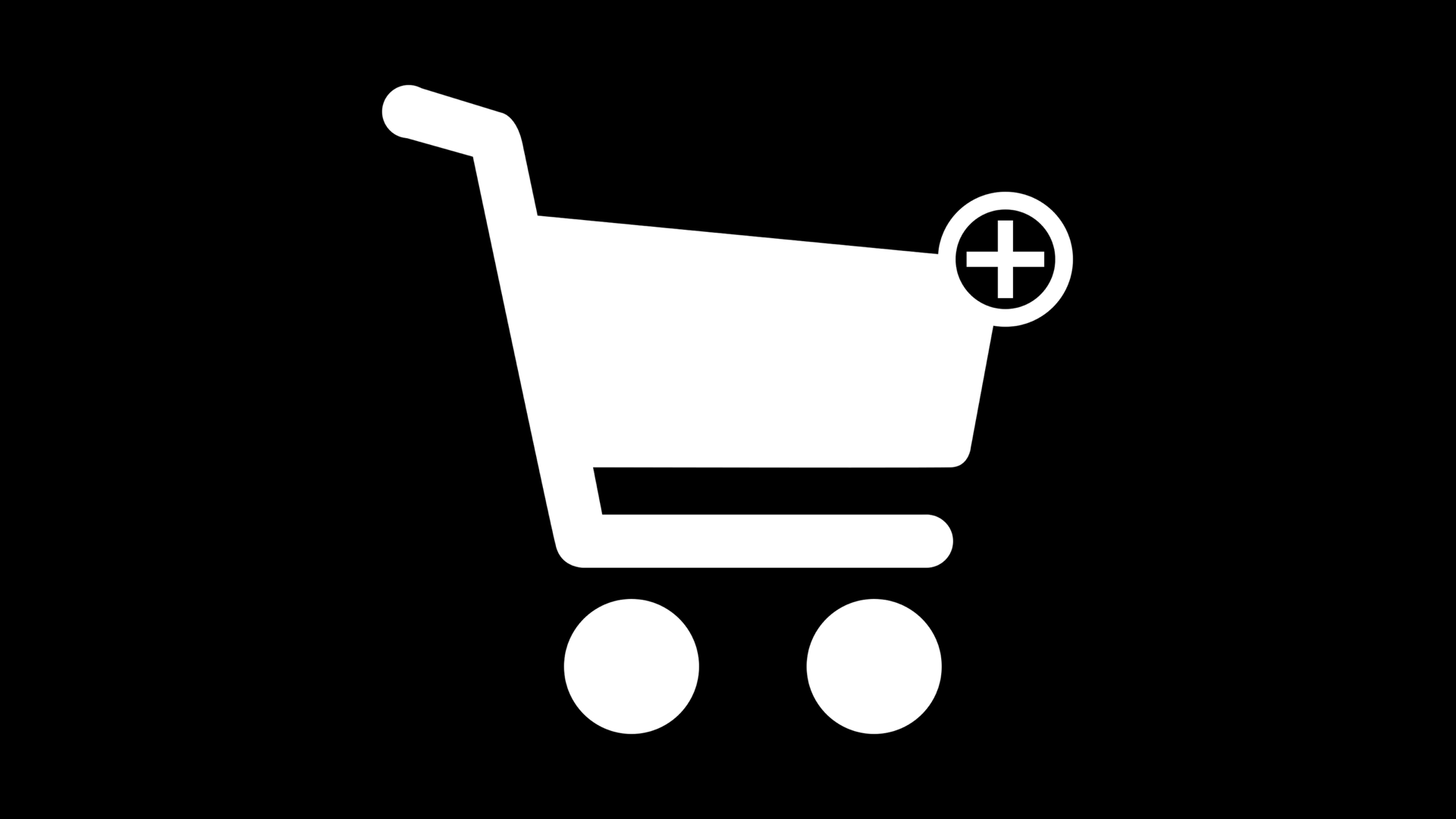 Silhueta branca do ícone de um carrinho de compras contra fundo preto.