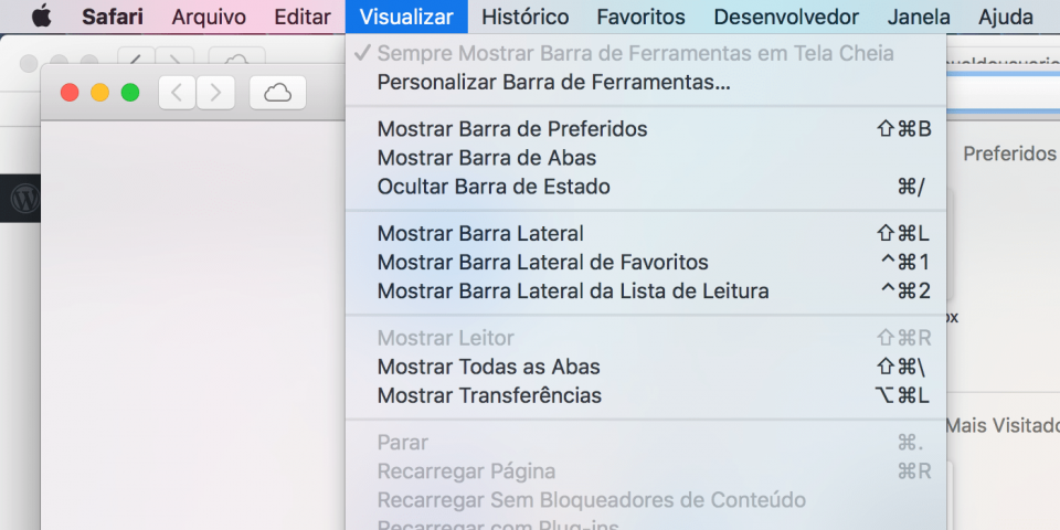 Print do menu 'Visualizar' do Safari na barra de menus, aberto.