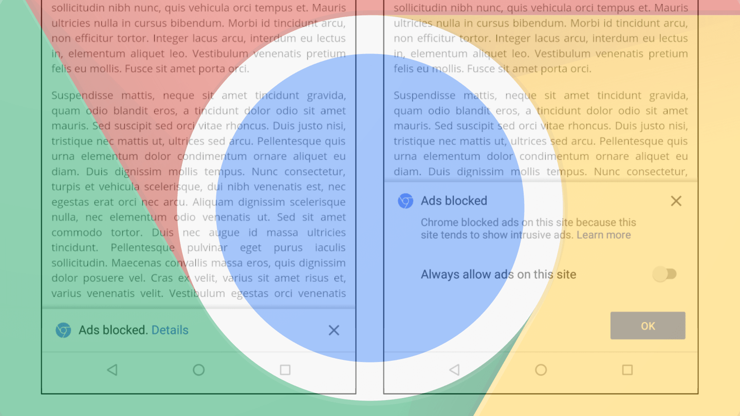 Telas do bloqueador de anúncios do Chrome cobertas pelo logo do navegador.