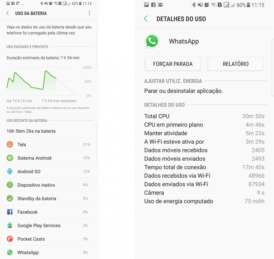 Prints do Android 7 em um Galaxy S8 mostrando as estatísticas de uso da bateria.