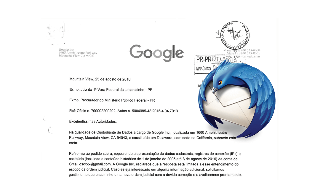 Logo do Thunderbird sobre resposta do Google nos autos.