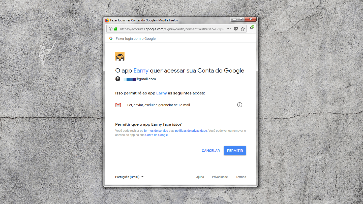 Tela de permissão do Gmail para o app/serviço Earny.