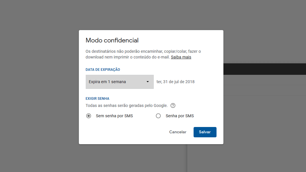 Print da tela de configuração do modo confidencial do Gmail.