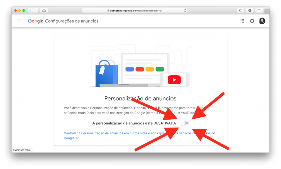 Desativar personalização de anúncios Google.