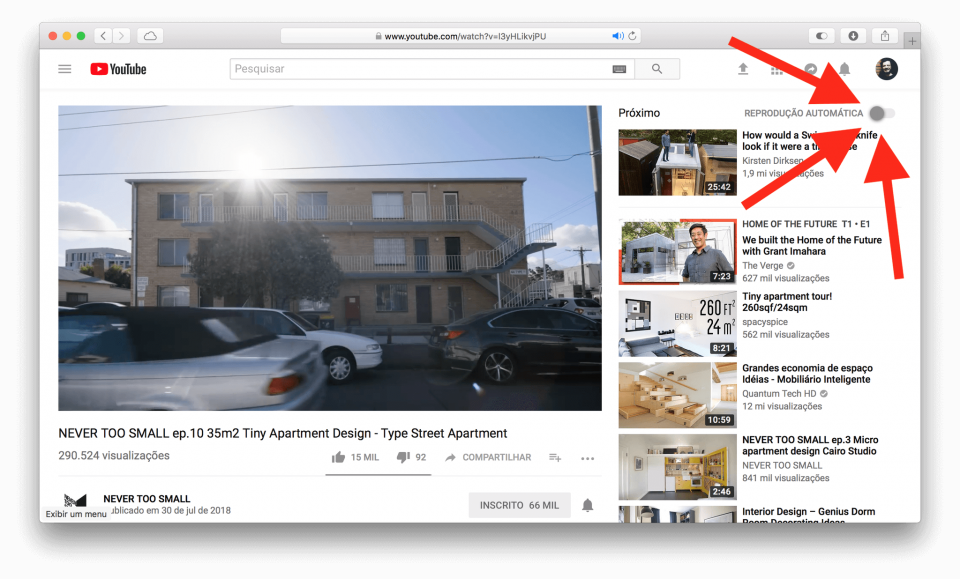 Desativar reprodução automática YouTube.