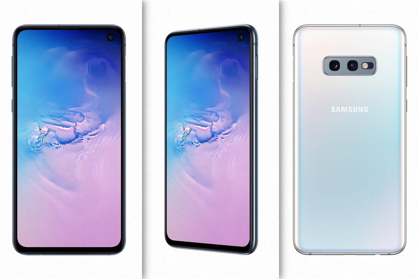 Galaxy S10e de três ângulos diferentes.