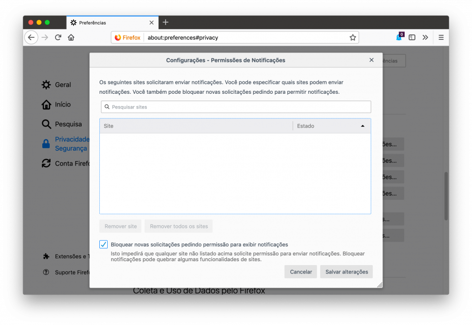 Tela de configurações do Firefox com a parte de permissões para notificações de sites.