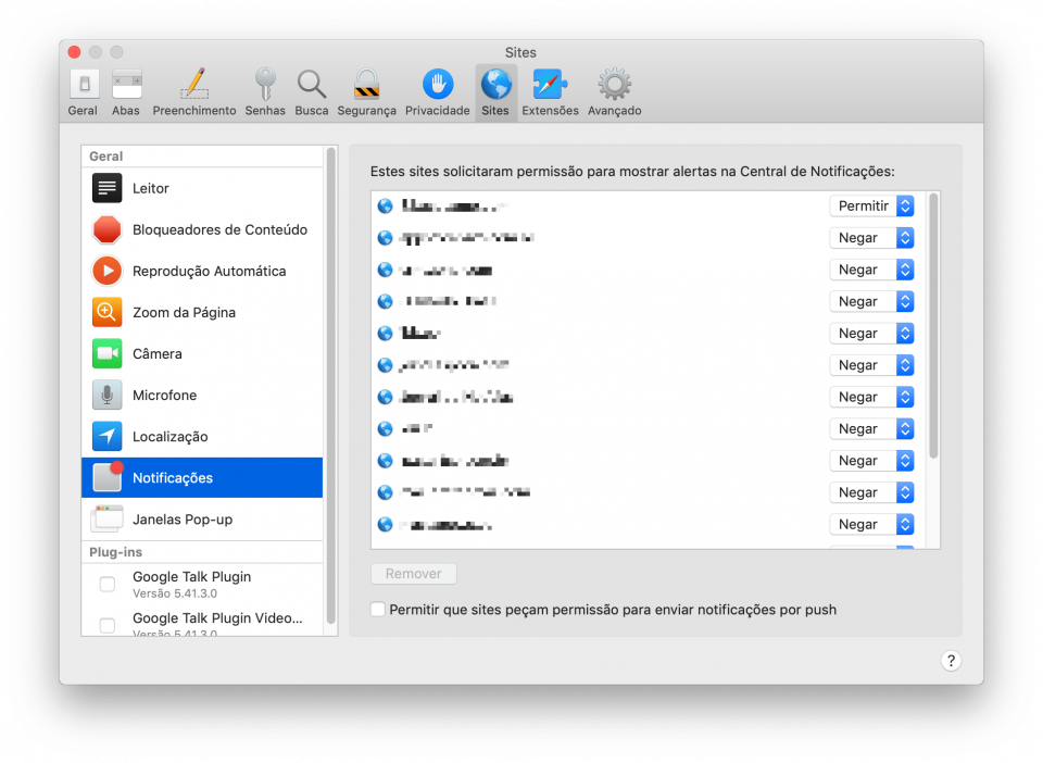 Tela de preferências do Safari mostrando para desativar notificações de sites.