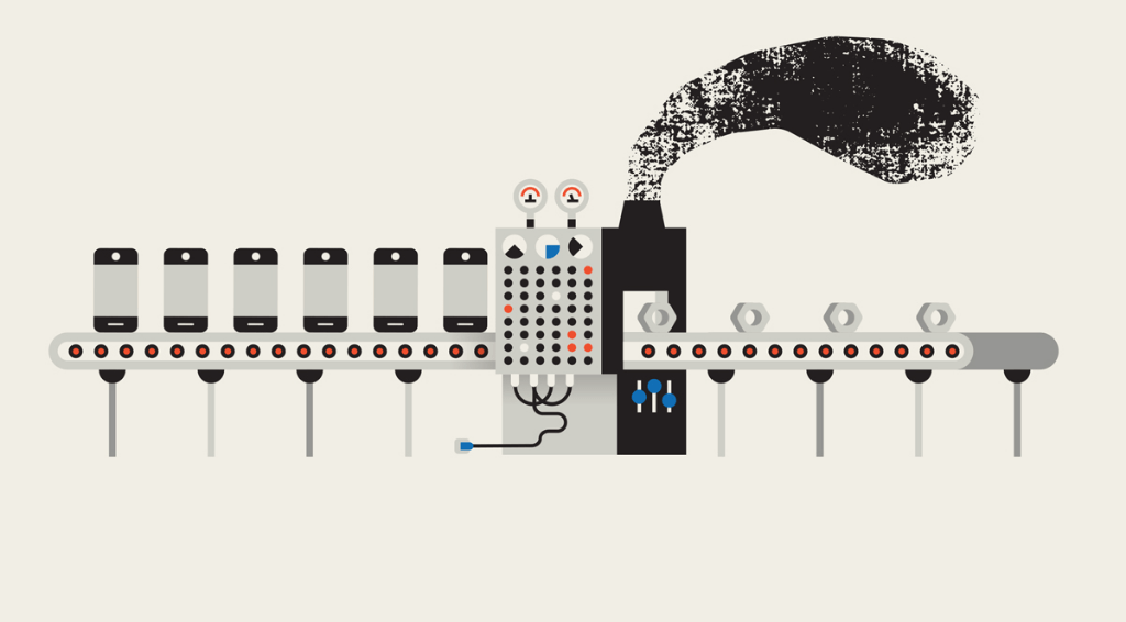 Linha de montagem com iPhones entrando de um lado e parafusos saindo do outro, e uma grande chaminé expelindo fumaça.