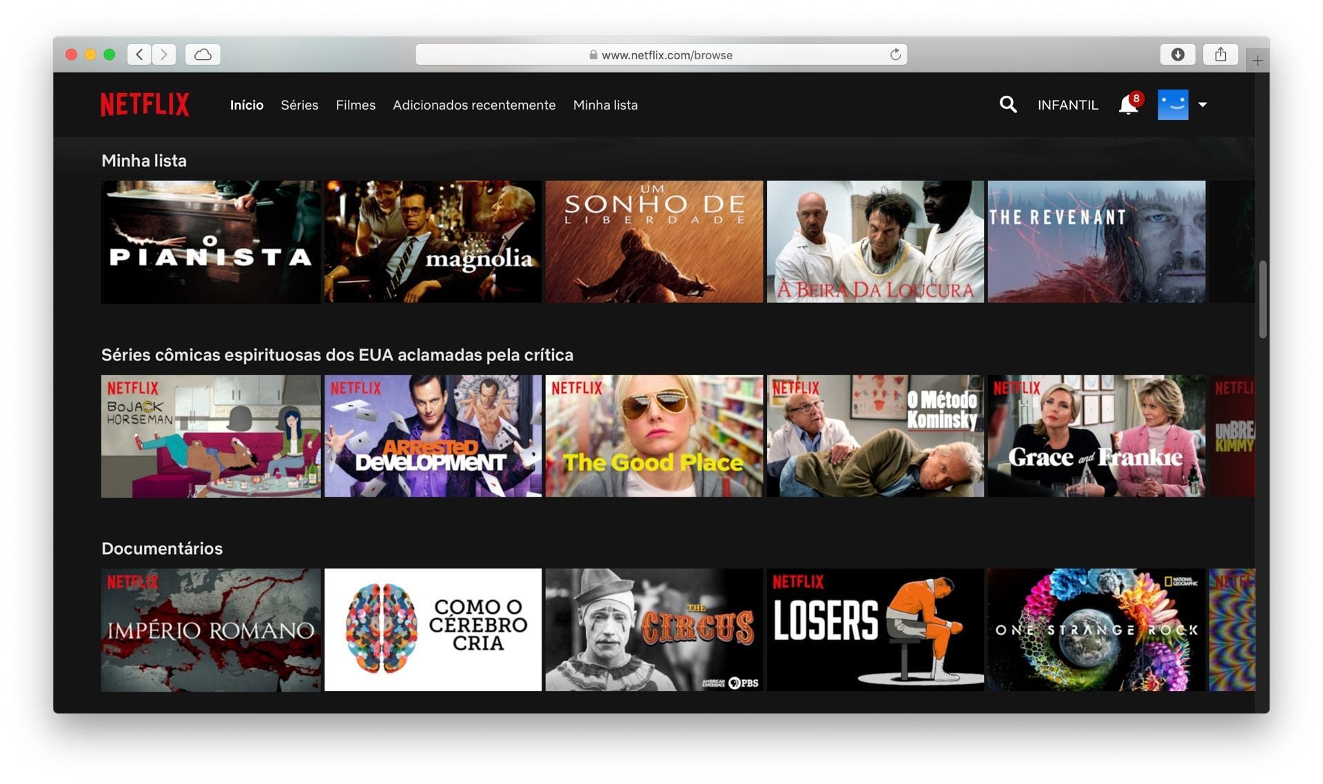 Print da tela inicial da Netflix com muitos filmes e séries na tela.