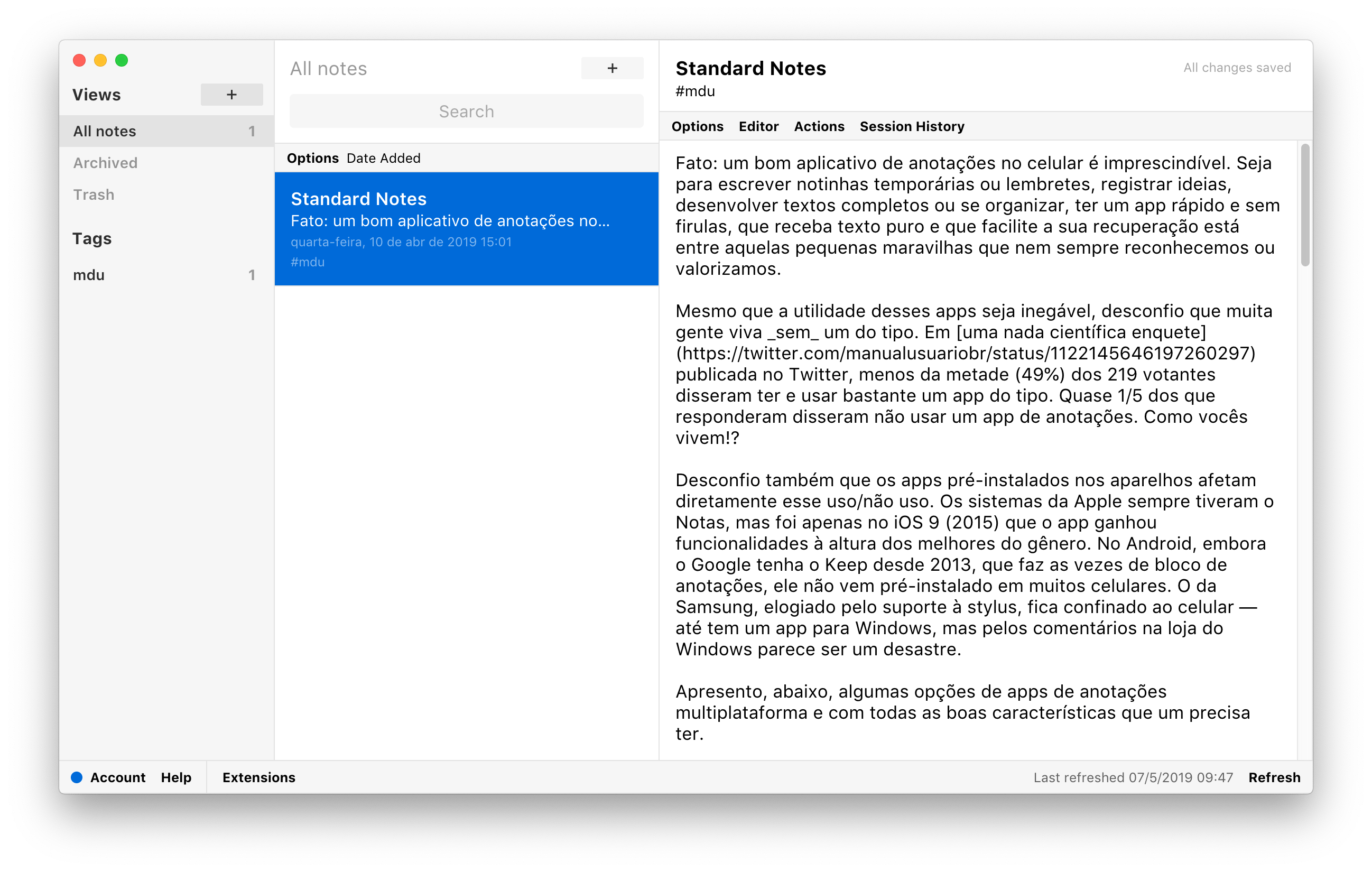 Print do Standard Notes com rascunho de texto aberto.
