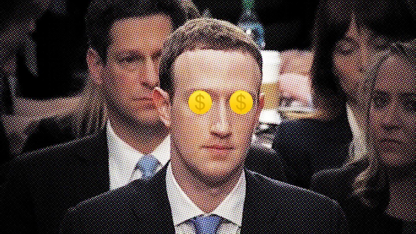 Foto de Zuckerberg durante o depoimento de 2018 ao Senado dos EUA com moedas desenhadas em seus olhos.