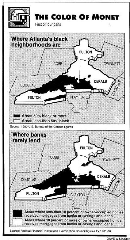 Mapas dos bairros negros em Atlanta e de onde os bancos mais negavam empréstimos.