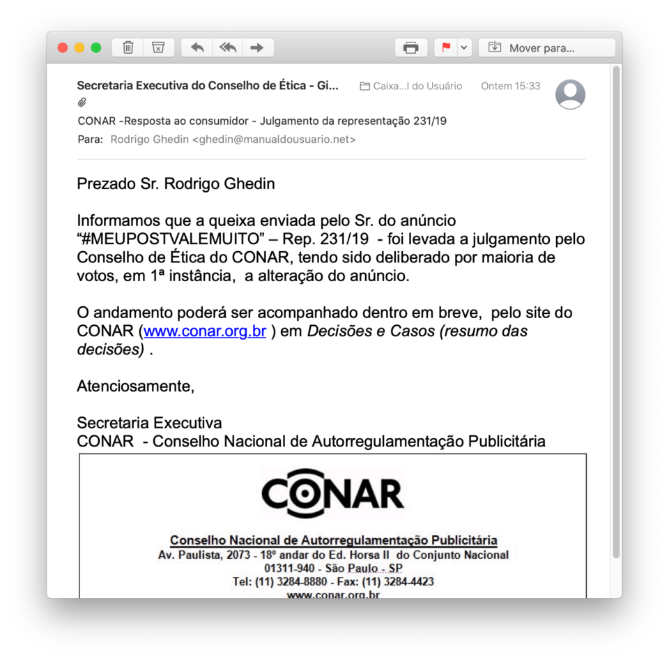 Print do e-mail do Conar informando a decisão acerca da campanha da TIM.