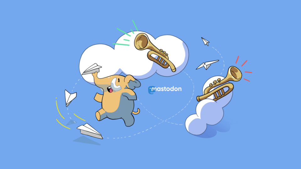 Mascote do Mastodon em uma nuvem com o logo da rede ao lado.