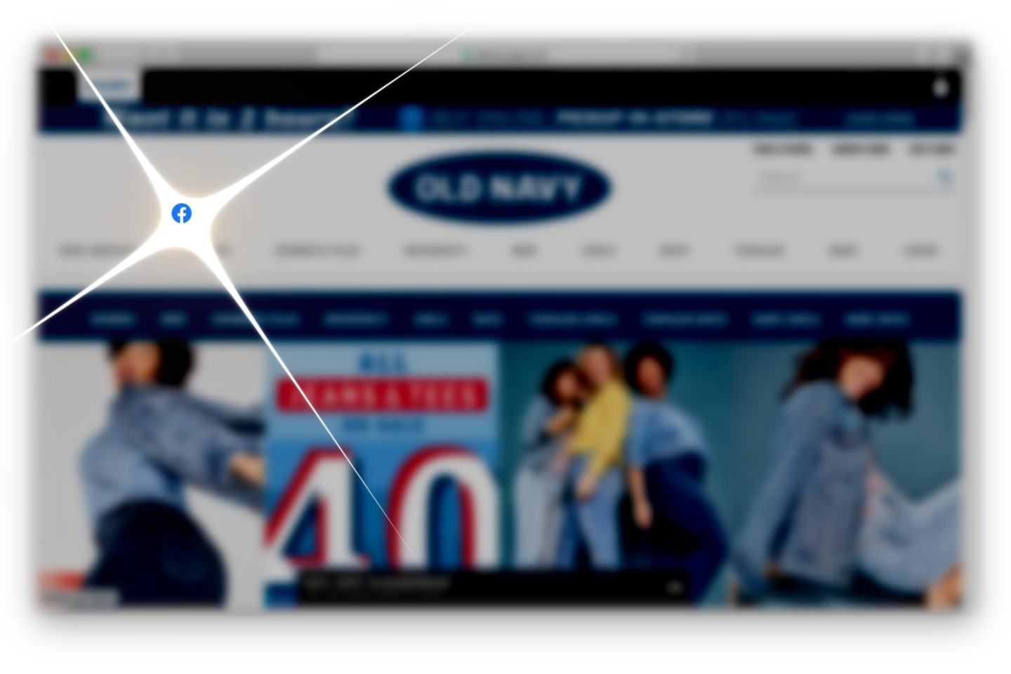 Site da Old Navy desfocado com o logo do Facebook, pequeno, em primeiro plano e um feixe de luz saindo dele.
