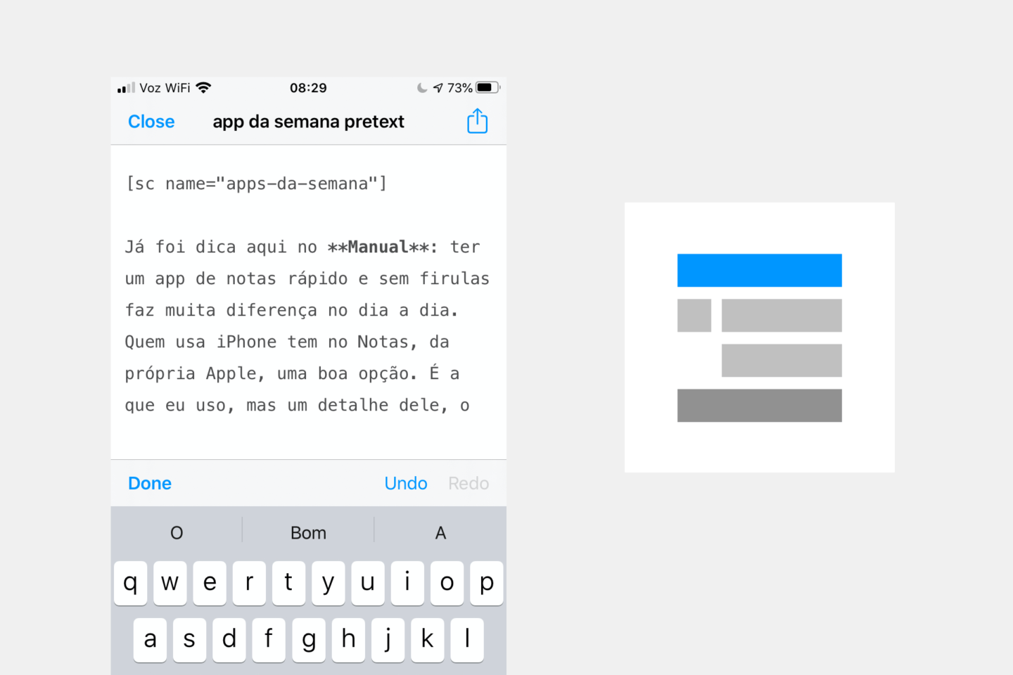 Print do Pretext no iPhone com o início deste post escrito em Markdown e, ao lado, ícone padrão do app.