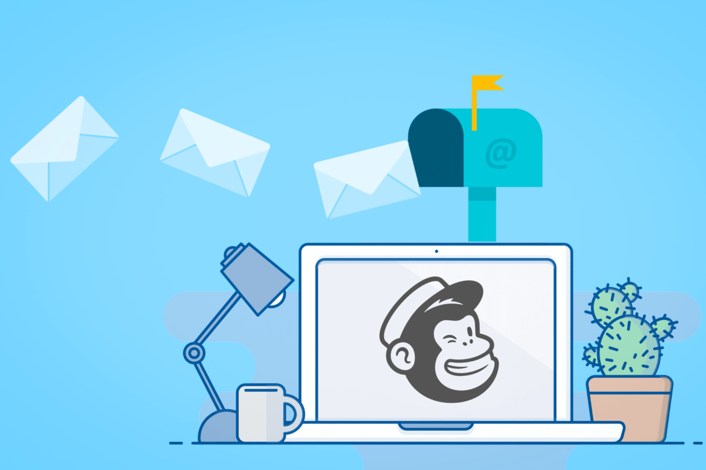 Ilustração de notebook com o logo do Mailchimp na tela e, acima, caixa de correio com cartas saindo/entrando.