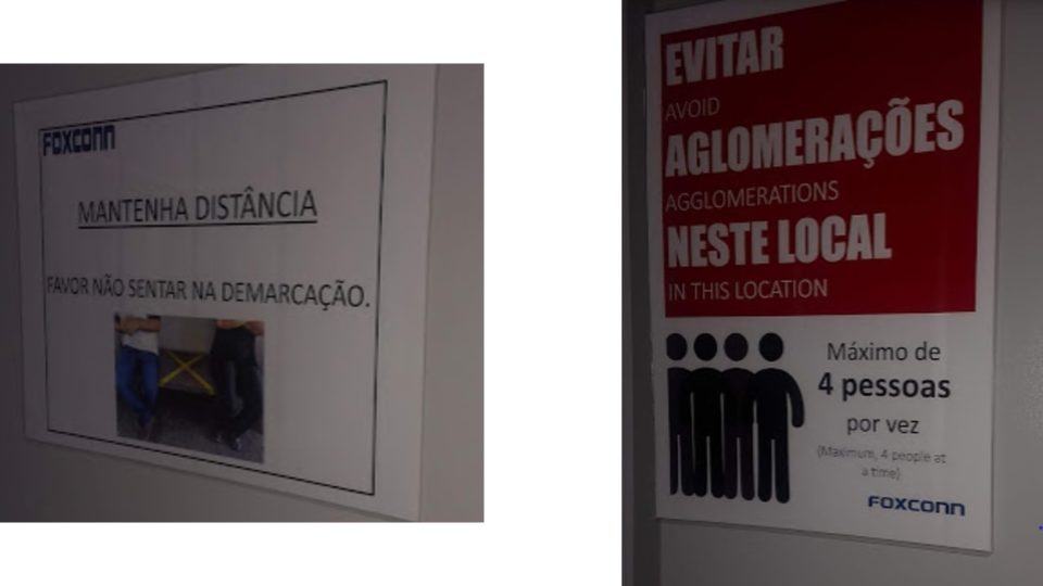 Dois cartazes com orientações de prevenção da COVID-19 espalhados pela fábrica da Foxconn.
