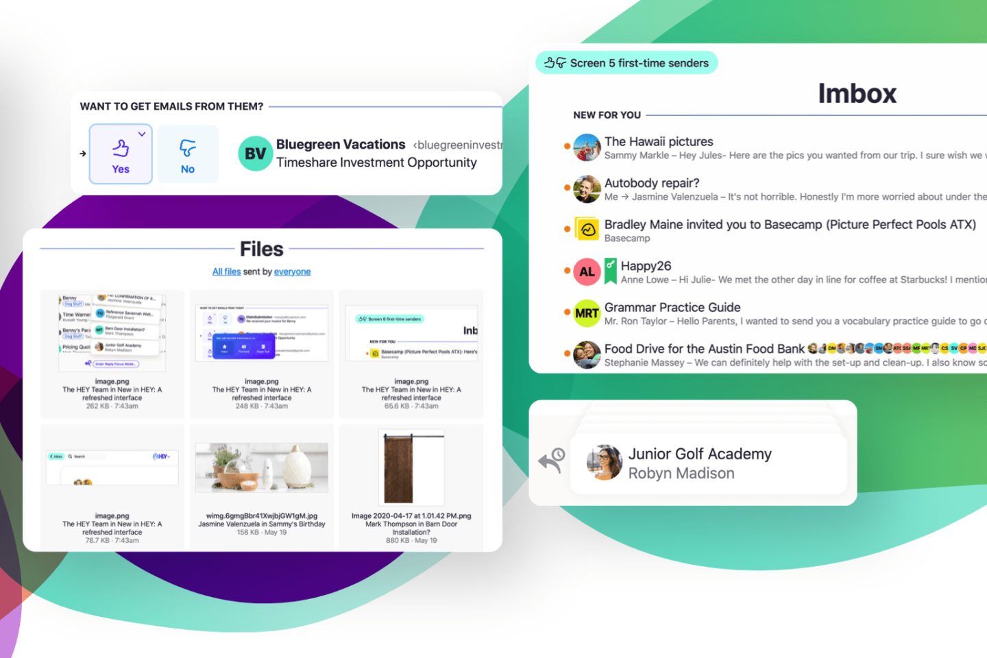 Telas do Hey contra um fundo com bolhas coloridas.