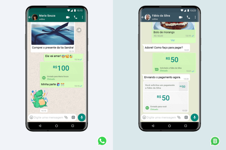 Prints do WhatsApp e WhatsApp Business realizando uma transferência de dinheiro.