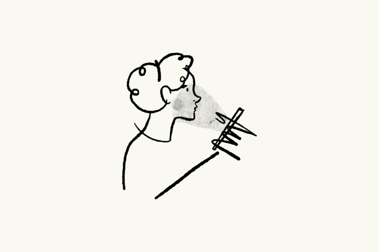 Ilustração com traços simples e escuros contra fundo claro de uma mulher encarando um celular, que emite luz em seu rosto como se fosse uma sombra.