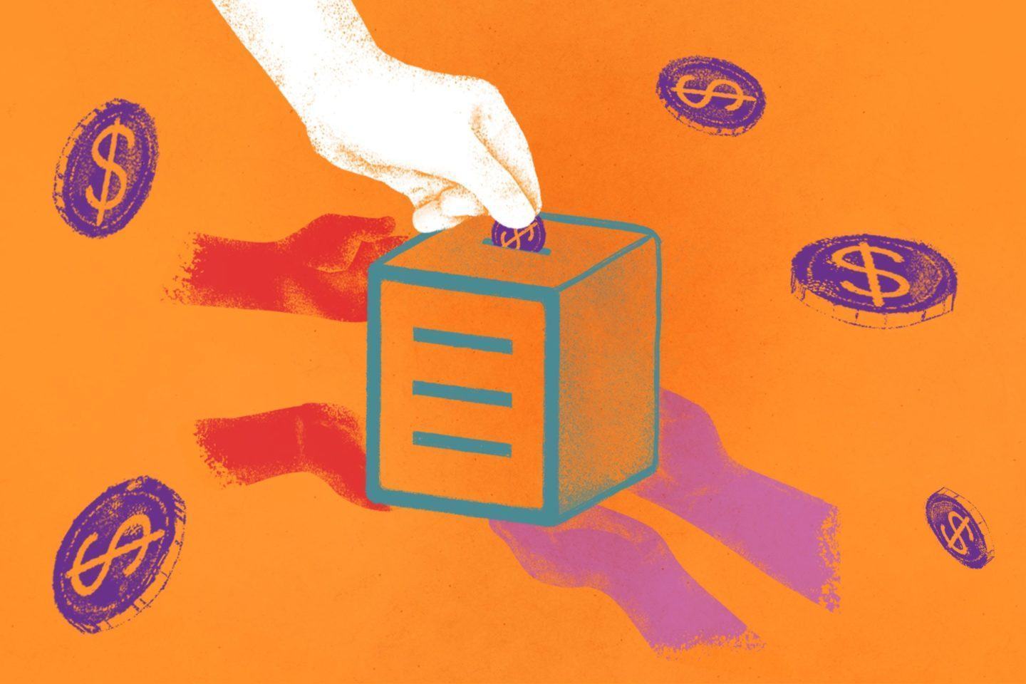 Ilustração com uma mãozinha depositando uma moeda em uma caixa com o logo do Manual do Usuário em uma das faces, segurada por dois pares de mãos. Ao redor, moedas com um cifrão no meio flutuando. Fundo alaranjado.