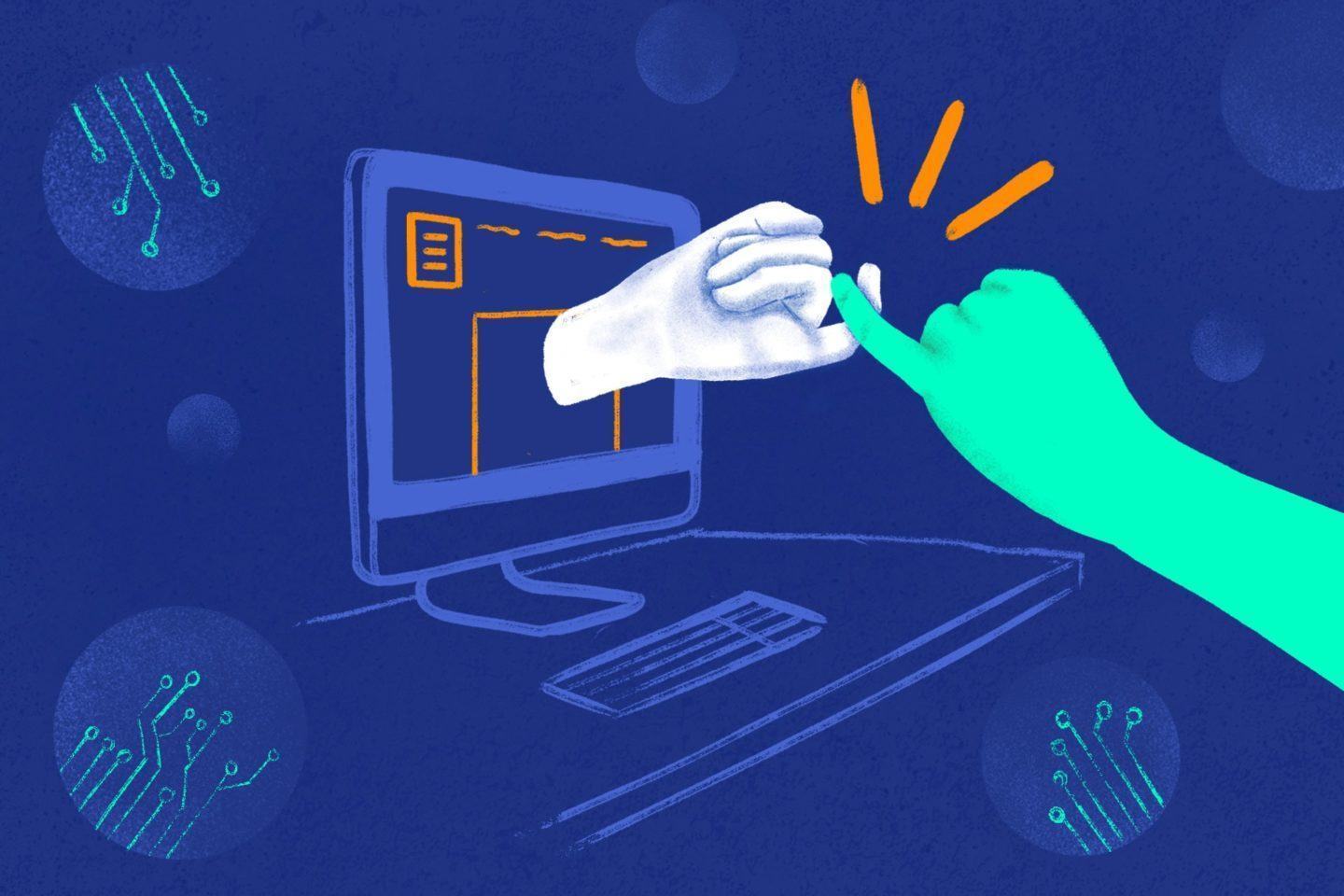 Ilustração de um computador de mesa com o logo do Manual do Usuário na tela. De dentro da tela sai uma mão que faz o gesto do mindinho com outra mão fora da tela. Ao redor, círculos com desenhos de placas de circuito. O fundo da imagem é azul escuro.