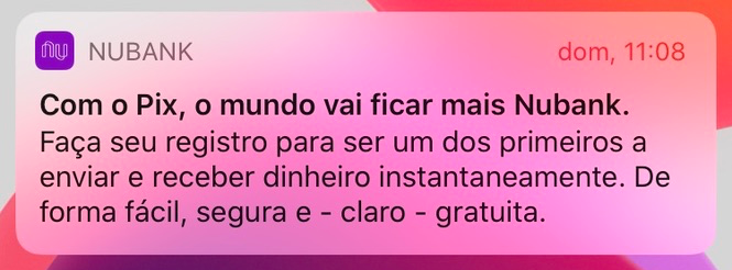 Recorte da notificação do Nubank avisando do Pix em um iPhone.