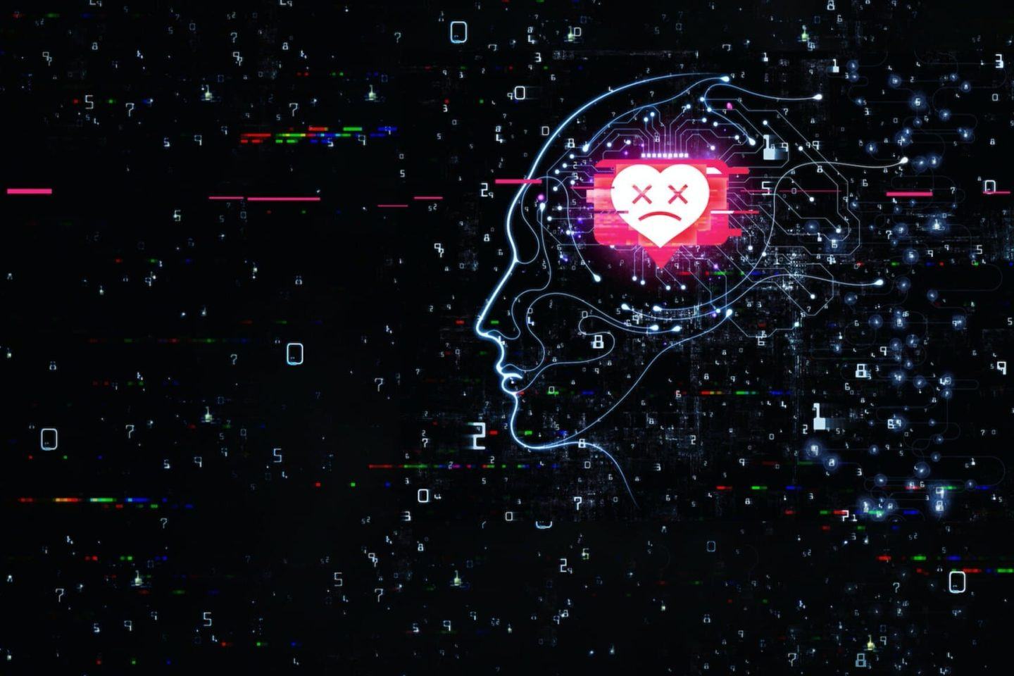 Fundo preto com números e glitches. À direita, o perfil de uma cabeça humana com contornos luminosos e, no lugar do cérebro, o ícone de um coração com os olhos em "x", como se estivesse morto.