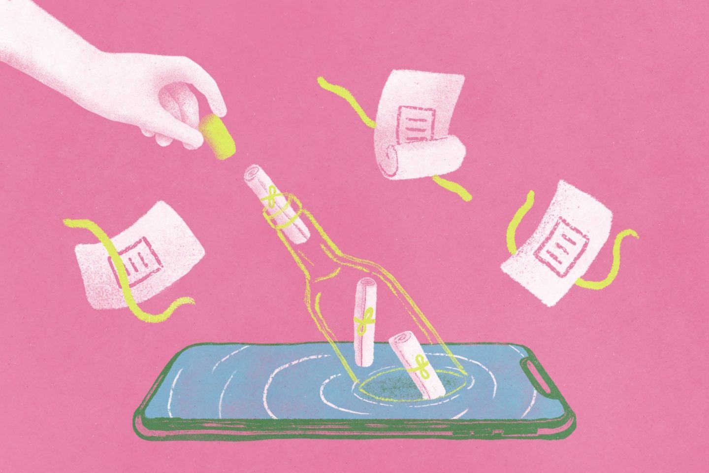 Celular deitado com a tela como se fosse água; dela, sai uma garrafa com pergaminhos dentro. Acima, uma mão segura uma rolha e, ao redor da imagem, pequenos pergaminhos com o logo do Manual do Usuário flutuam.