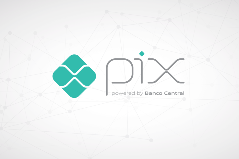Logo do Pix. Ao fundo, pontos em cinza claro conectados por linhas retas.