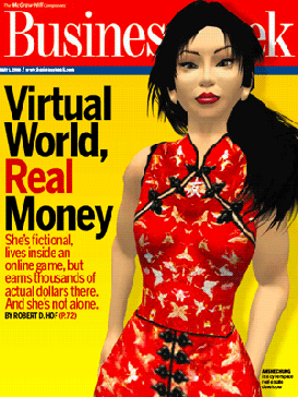 Capa da revista BusinessWeek de maio de 2006, fundo amarelo e o avatar 3D de Anshe Chung à frente, mulher oriental com cabelos pretos e vestido vermelho.