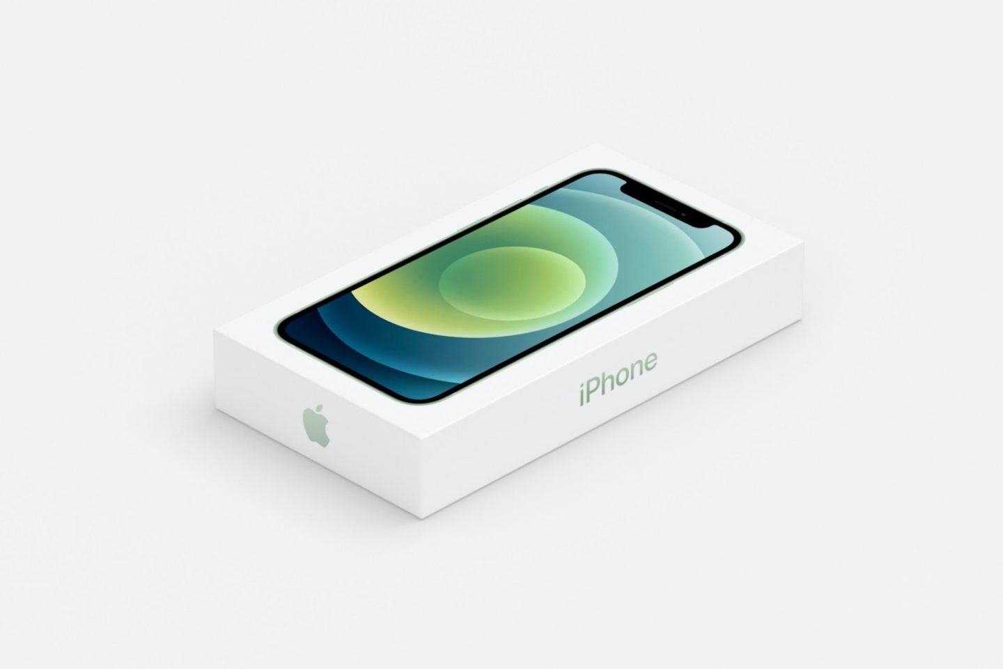 Nova caixa do iPhone 12, cor verde, em tamanho reduzido, em um ambiente branco.