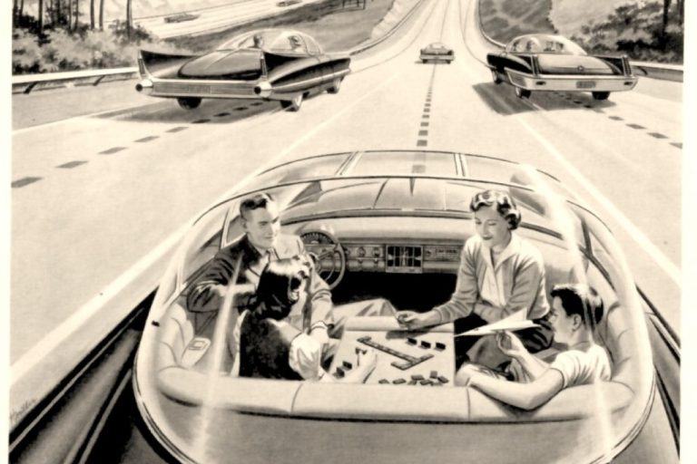Pessoas jogando um jogo de tabuleiro em um carro autônomo, num anúncio de 1957.