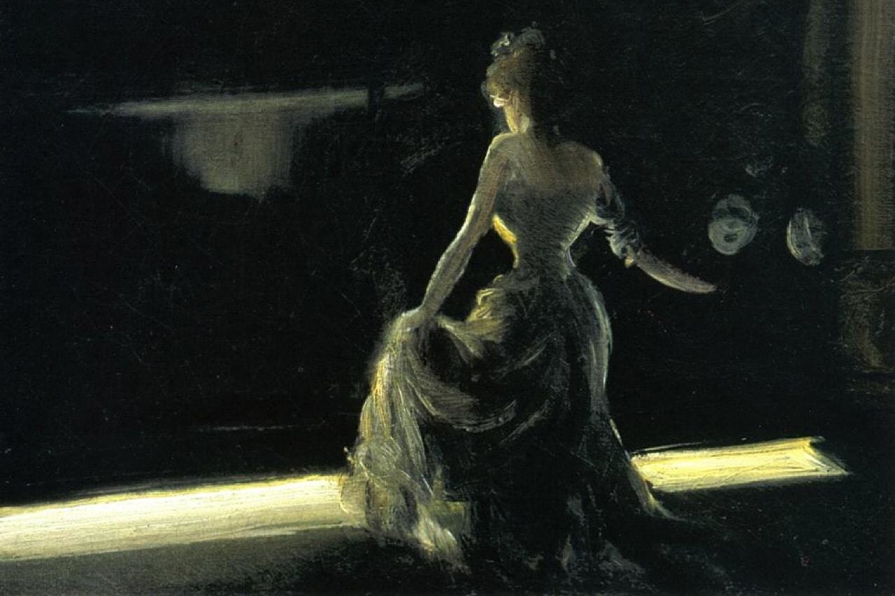 Pintura de uma mulher, com vestido de época e de costas, em um palco de teatro.