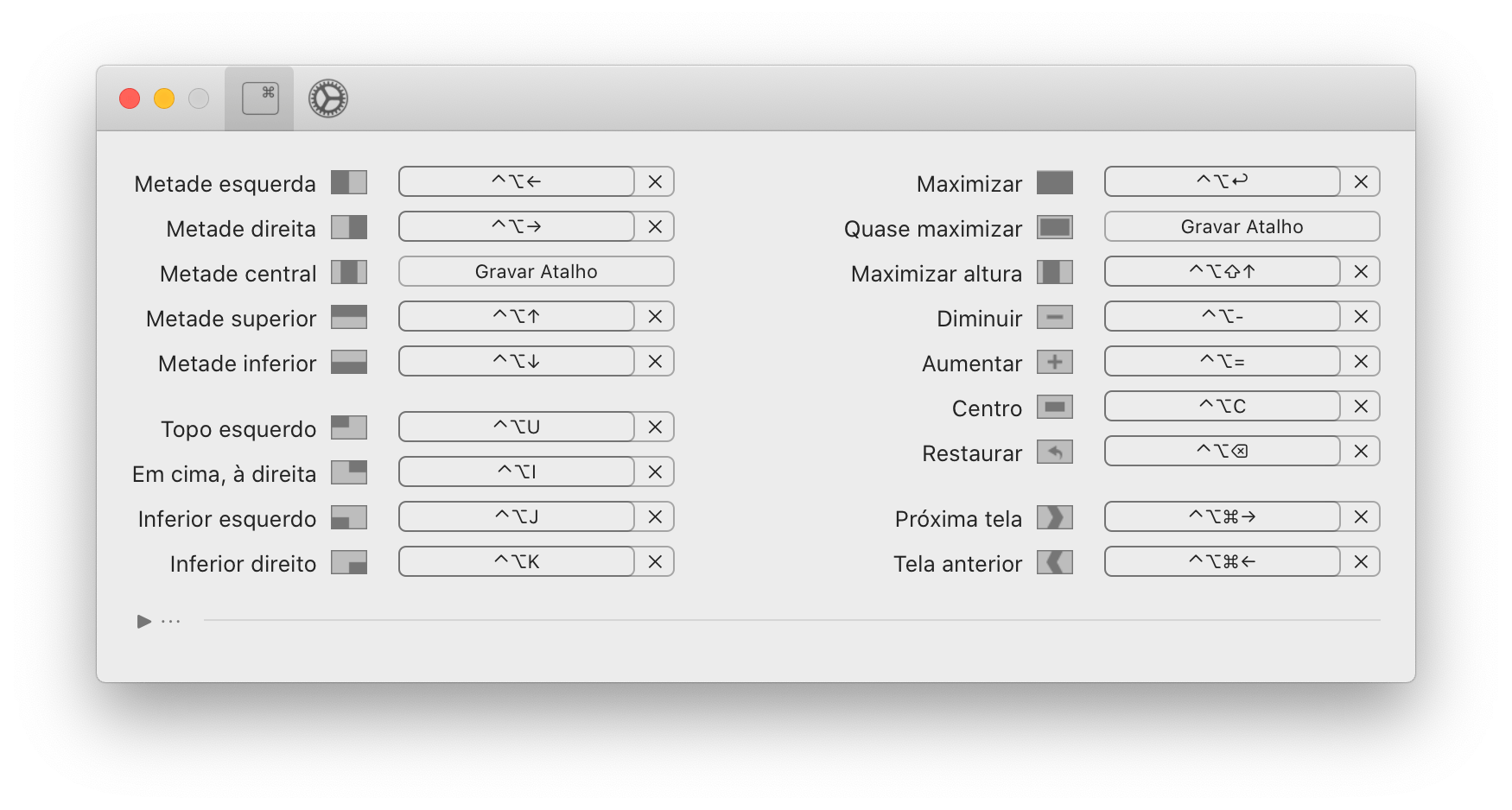 Print da tela de configuração dos atalhos no teclado do Rectangle.