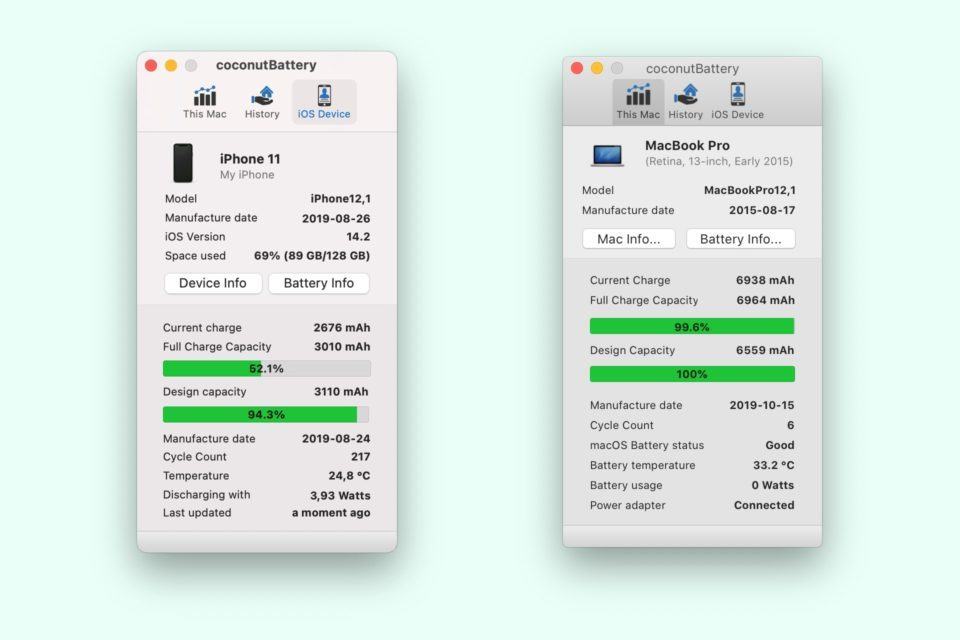 Dois prints do coconutBattery, um de um iPhone 11, outro de um MacBook Pro.