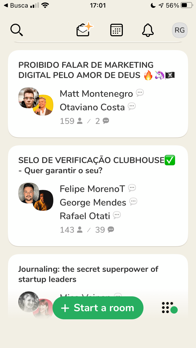 Print do Clubhouse mostrando as duas salas comentadas no parágrafo.