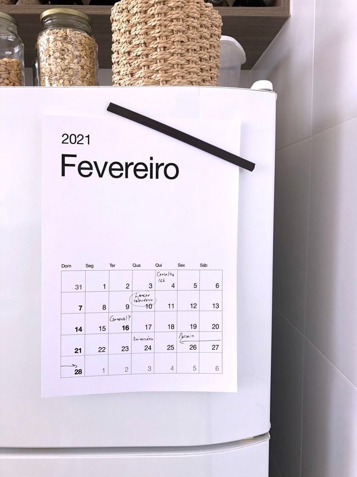 Detalhe do calendário imprimível de fevereiro de 2021.