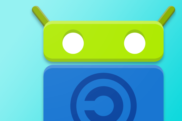 Mascote/logo do F-Droid, grande e com um "C" invertido no peito, contra um fundo azul.