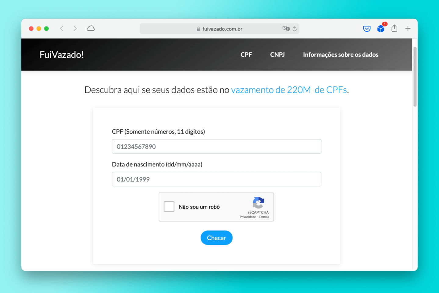 Print do site Fui Vazado aberto no Safari.